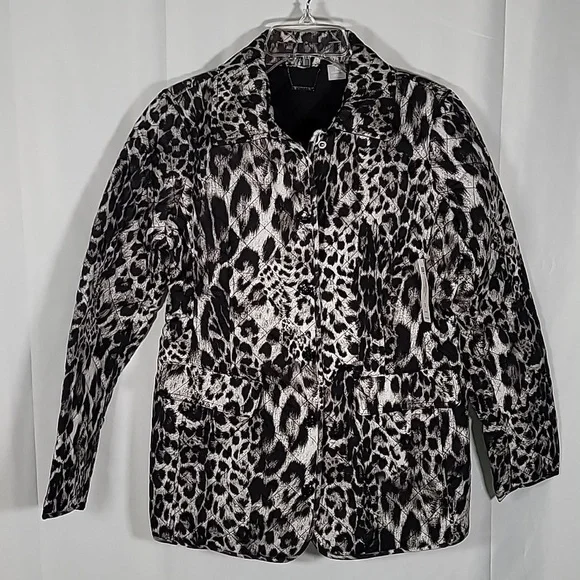 Chico's Size 0 Quilted Snow Leopard Jacket Black Animal Print Winter - Picture 2 of 9